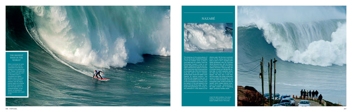 A large wave towers over a surfer as onlookers watch from a cliff in Nazaré, Portugal. "The Wild Atlantic" by Schiffer Publishing, Ltd. features striking photography of powerful waves and coastal scenes along Europe’s Atlantic coast.