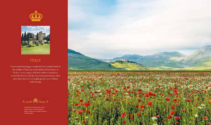 A vibrant field of red poppies leads to green hills and a village under a blue sky. On the left, a red panel with gold crown and text showcases "At Home with Royalty" from Schiffer Publishing, Ltd., highlighting luxury castle stays.