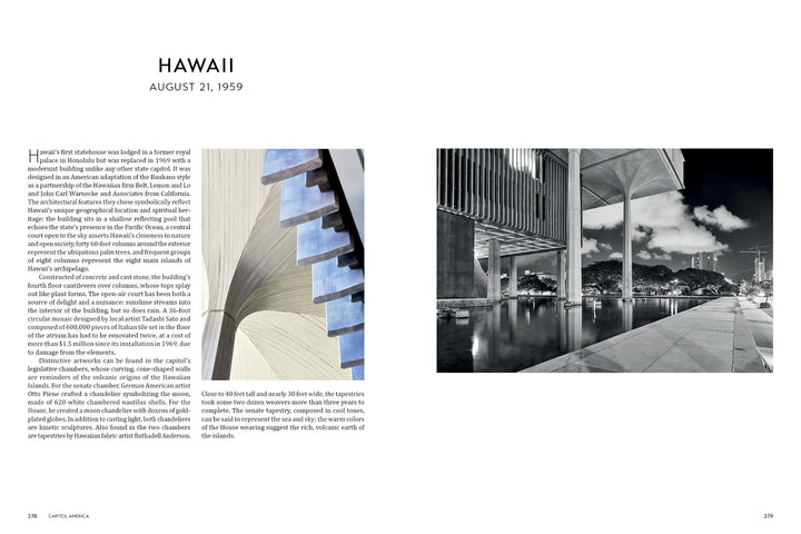 A two-page spread from *Capitol America* by Schiffer Publishing, Ltd. highlights Hawai'i's statehood, American architecture, a close-up of concrete columns, and a nighttime black-and-white photo of Hawaii State Capitol with its reflecting pool.