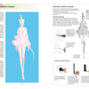 The Fashion Design Archive by Schiffer Publishing, Ltd. features a two-page spread with an illustrated model in a pink ruffled dress, step-by-step croquis drawing guides, and tips on converting sketches to black and white for new design ideas.