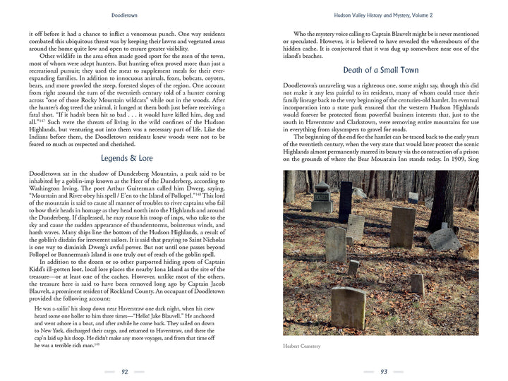 An open book, "Hudson Valley History & Mystery, Volume 2" by Schiffer Publishing, Ltd., shows two pages with text and a grayscale cemetery photo under the heading “Death of a Small Town,” hinting at Hudson River Valley history.
