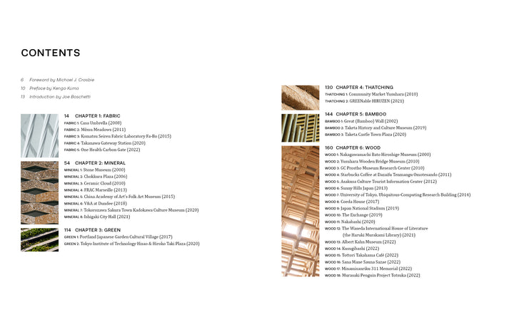 The two-page table of contents in "KKAA Kengo Kuma and Associates" by Schiffer Publishing, Ltd. lists chapters—Fabric, Mineral, Green, Thatching, Bamboo, and Wood—each featuring project thumbnails illustrating inspiring architectural detailing.