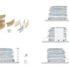 Architectural diagrams from "KKAA Kengo Kuma and Associates" by Schiffer Publishing, Ltd. display layered wooden slats inspired by Kuma’s detailing, with section drawings showing elevations and sunlight angles from multiple perspectives.