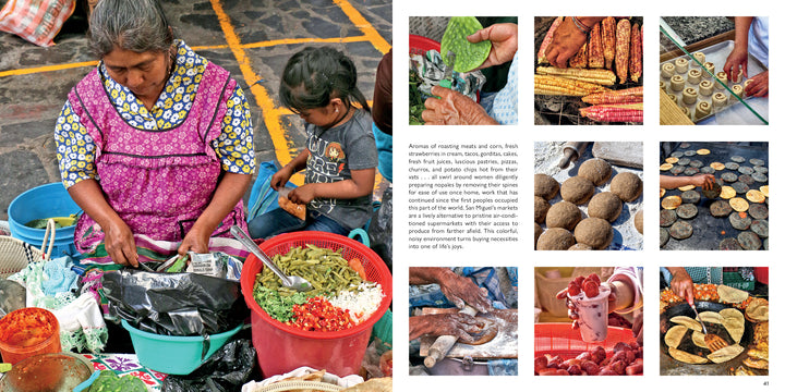 An older woman and a young girl prepare food at a colorful market stall, surrounded by fresh produce—reflecting the vibrant scenes featured in "San Miguel de Allende" by Schiffer Publishing, Ltd., with close-ups of local dishes and cooking hands.