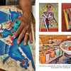 A close-up of hands painting a vibrant blue bird on parchment, surrounded by artists and colorful artworks—like a page from "San Miguel de Allende" by Schiffer Publishing, Ltd.