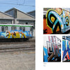 A train covered in colorful graffiti art is parked by a station. On the right, close-ups evoke street culture as a masked person crouches near the train, posing with Schiffer Publishing's "Keep Your Mouth Shut.