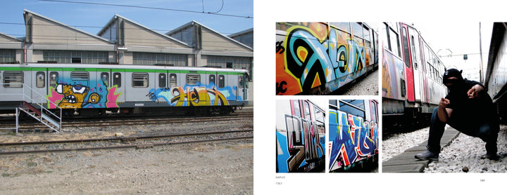 A train covered in colorful graffiti art is parked by a station. On the right, close-ups evoke street culture as a masked person crouches near the train, posing with Schiffer Publishing's "Keep Your Mouth Shut.