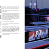 A two-page magazine spread: the left shows multi-column text about "Keep Your Mouth Shut" by Schiffer Publishing, Ltd.; the right displays a row of buses at dusk under streetlights, their sides painted with vibrant graffiti reflecting street culture.