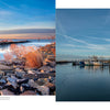 A fishing boat glides along Maryland’s rocky Eastern Shore at sunset, while boats rest in a calm marina—Kent Island Waterscapes by Schiffer Publishing, Ltd. captures Chesapeake Bay’s beauty for your coffee table.
