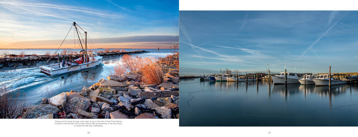 A fishing boat glides along Maryland’s rocky Eastern Shore at sunset, while boats rest in a calm marina—Kent Island Waterscapes by Schiffer Publishing, Ltd. captures Chesapeake Bay’s beauty for your coffee table.