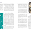 An open spread of "The Cumulative Cloth, Wet Techniques" by Schiffer Publishing, Ltd. shows the book’s organization, a teal abstract art with white dots on the left page, and assorted paintbrushes inspiring fabric surface design in the corner.