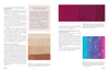 A two-page spread from "The Cumulative Cloth, Wet Techniques" by Schiffer Publishing, Ltd. features color sample images—tan gradient fabric strips, magenta to purple dyed fabric, and blue-to-pink multicolored strips—with text and charts.