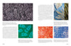A book spread from "The Cumulative Cloth, Wet Techniques" by Schiffer Publishing, Ltd. showcases six custom wet-processed cloth samples in purple, blue, green, orange, and red, with text describing each surface design technique.
