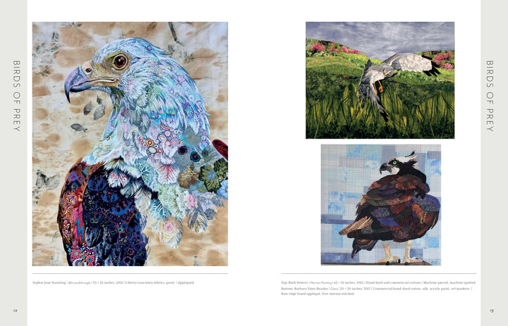 A vibrant avian fiber art collage from "Stitched Journeys with Birds" by Schiffer Publishing, Ltd.: a bird of prey close-up at left, with a fabric stork foraging and a perched hawk on the right—featured in this inspiring bird quilt book.