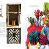 A page from "Weaving with Wire" by Schiffer Publishing, Ltd. features three images on the left—a yarn-winding station, a spool in a box, and a crate—and a colorful wire textile sculpture with intricate, coral-like patterns on the right.