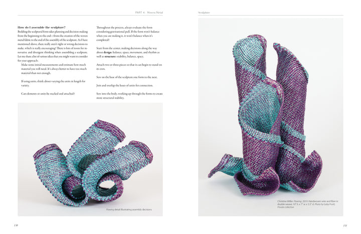 Two woven wire textile sculptures in turquoise and purple spiral forms are displayed on a white background, illustrating techniques from "Weaving with Wire" by Schiffer Publishing, Ltd.