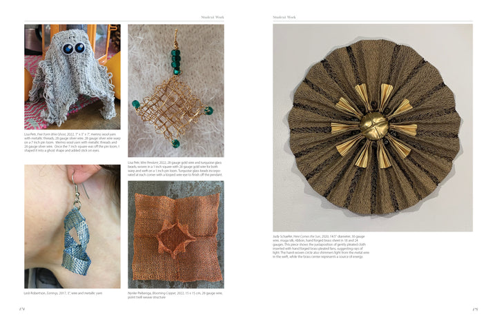 “Weaving with Wire” by Schiffer Publishing, Ltd. showcases five stunning student creations—a knit octopus, wire pendant, metallic woven earring, square copper piece, and circular gold-accented brooch—on a white background.