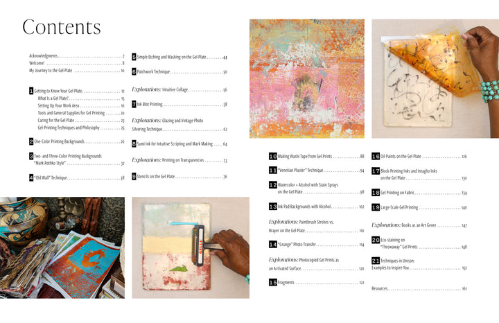 Table of contents from Gel Plate Printing for Mixed-Media Art by Schiffer Publishing, Ltd., featuring colorful art, hands creating journal pages with tools and layers on textured surfaces. Includes chapter titles and page numbers.