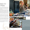 A smiling woman in a studio uses Schiffer Publishing, Ltd.’s “Gel Plate Printing for Mixed-Media Art,” shown creating designs with stencils and tools, surrounded by vibrant paints and materials.