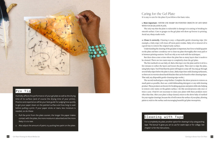 A hand with turquoise beaded bracelets lifts yellow paper with black paint from a gel plate—a scene from Gel Plate Printing for Mixed-Media Art by Schiffer Publishing, Ltd., which offers expert tips and cleaning methods for gel plate printing.