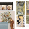 A collage displays hands using cardboard tools and gel plate printing to create abstract art with paint and neutral-toned papers, alongside arranged tools and leaves. "Gel Plate Printing for Mixed-Media Art" by Schiffer Publishing, Ltd. offers creative inspiration.