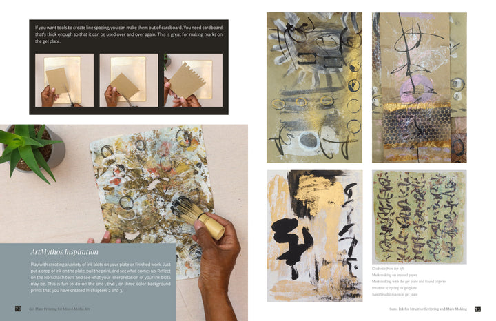 A collage displays hands using cardboard tools and gel plate printing to create abstract art with paint and neutral-toned papers, alongside arranged tools and leaves. "Gel Plate Printing for Mixed-Media Art" by Schiffer Publishing, Ltd. offers creative inspiration.