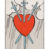 A card from The Time Changer's Tarot by Schiffer Publishing, Ltd. depicts three swords piercing a red heart beneath gray clouds and rain, with the Roman numeral III at the top.