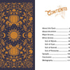 The Legend of Sleepy Hollow Tarot by Schiffer Publishing, Ltd. features an ornate card back with pumpkins, skulls, and suns in orange on dark hues beside a contents page detailing this literary deck's journey of self-discovery.