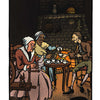 Three people in old-fashioned clothing share tea near a fireplace and jack-o-lantern, evoking The Legend of Sleepy Hollow Tarot by Schiffer Publishing, Ltd. A black cat lounges beneath the Roman numeral VI overhead.