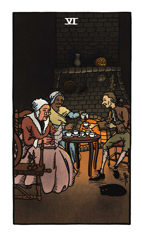 Three people in old-fashioned clothing share tea near a fireplace and jack-o-lantern, evoking The Legend of Sleepy Hollow Tarot by Schiffer Publishing, Ltd. A black cat lounges beneath the Roman numeral VI overhead.