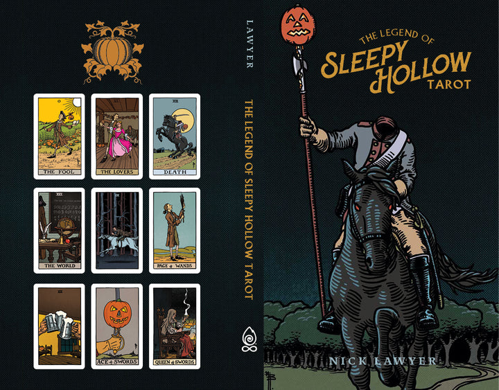 Book cover for The Legend of Sleepy Hollow Tarot by Schiffer Publishing, Ltd. shows a headless horseman on horseback with a flaming pumpkin; back displays eight tarot cards inspired by Sleepy Hollow for self-discovery. Author: Nick Lawyer.
