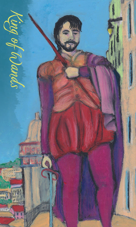 The King of Wands card from the Lisboa Tarot by Schiffer Publishing, Ltd. shows a confident bearded man in red and purple on a city balcony, with "King of Wands" in yellow script on the left side of the card.