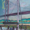 The Lisboa Tarot by Schiffer Publishing, Ltd. features a Six of Swords card depicting six swords beside a docked boat, with a tall suspension bridge and lush scenery, capturing Old World European tarot charm.