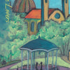 The Lisboa Tarot by Schiffer Publishing, Ltd. features a vibrant park gazebo with two silhouettes amid lush greenery and church domes, titled "VI The Lovers" along the side, evoking Old World European tarot charm.