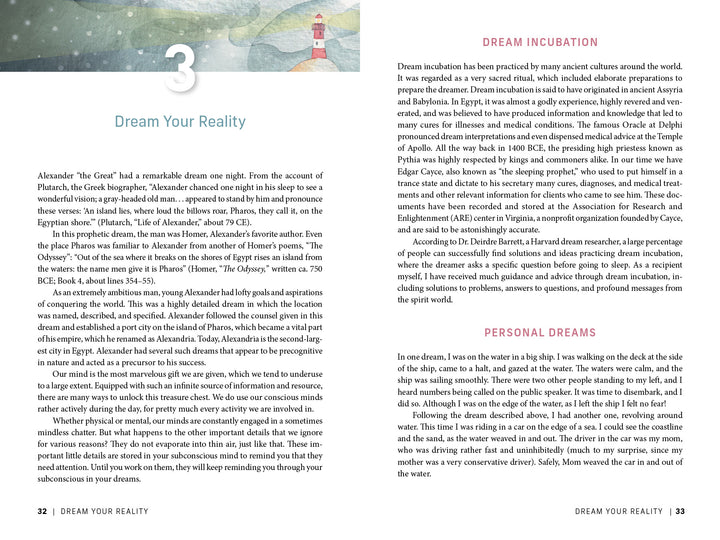 A page from "Dream Your Reality" by Schiffer Publishing, Ltd., explores astrology and dream manifestation, offering metaphysical techniques for personal growth.