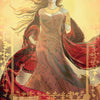 A regal woman with flowing hair and crown stands in red and gold amid intricate patterns, evoking Celtic goddesses. "Aine" is inscribed below. From the Celtic Goddesses, Witches, and Queens Oracle by Schiffer Publishing, Ltd.