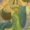 A regal woman in a flowing green dress and blue shawl holds wheat and a branch. With dark hair, golden crown, and halo, she stands before ornate Celtic patterns. Text reads Ériu. From Celtic Goddesses, Witches, and Queens Oracle by Schiffer Publishing, Ltd.