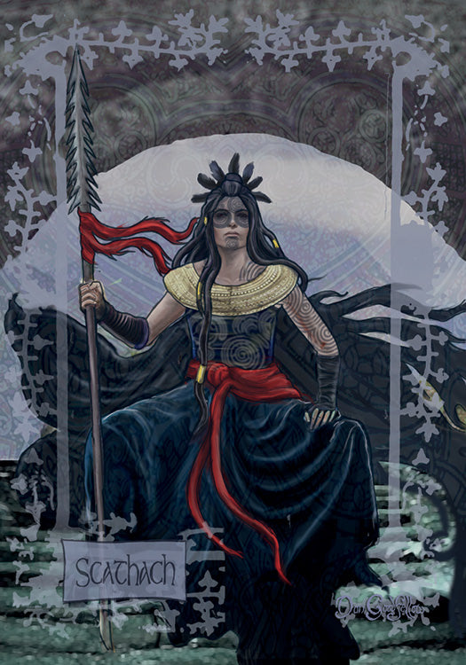 A fantasy illustration inspired by Celtic goddesses from Schiffer Publishing, Ltd.'s "Celtic Goddesses, Witches, and Queens Oracle" shows a robed warrior with a spear and red ribbon seated on a stone throne among ornate Celtic designs.