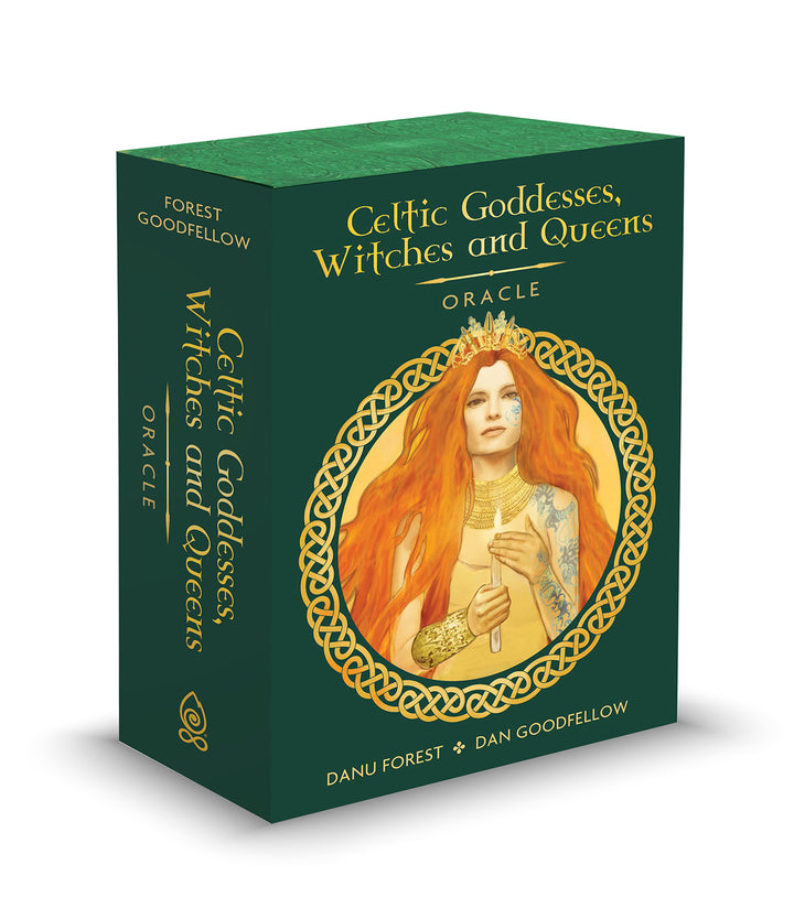 Celtic Goddesses, Witches, and Queens Oracle by Schiffer Publishing, Ltd. is a green box set featuring a red-haired woman with tattoos and staff within a Celtic knot border—a powerful divinatory tool for insight.