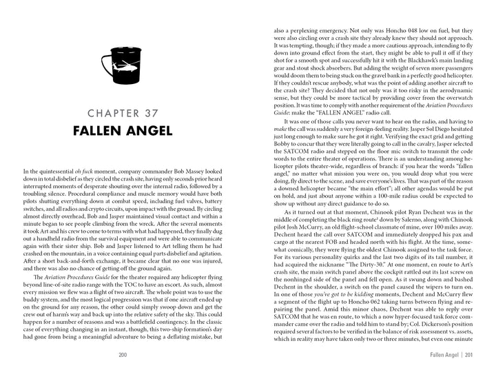 The book “War & Coffee” by Schiffer Publishing, Ltd. features a two-column, black serif font layout and follows a US Army Blackhawk pilot’s memoir of serving with the 101st Airborne during deployment in Afghanistan.