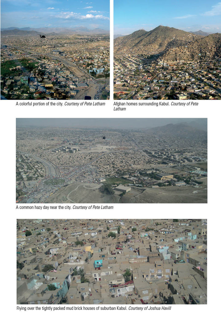 Four aerial photos of Kabul featured in "War & Coffee" by Schiffer Publishing, Ltd.: cityscape with colorful buildings, hillside homes, a hazy view with a US Army Blackhawk, and dense mud-brick suburbs. Each is photo-credited.