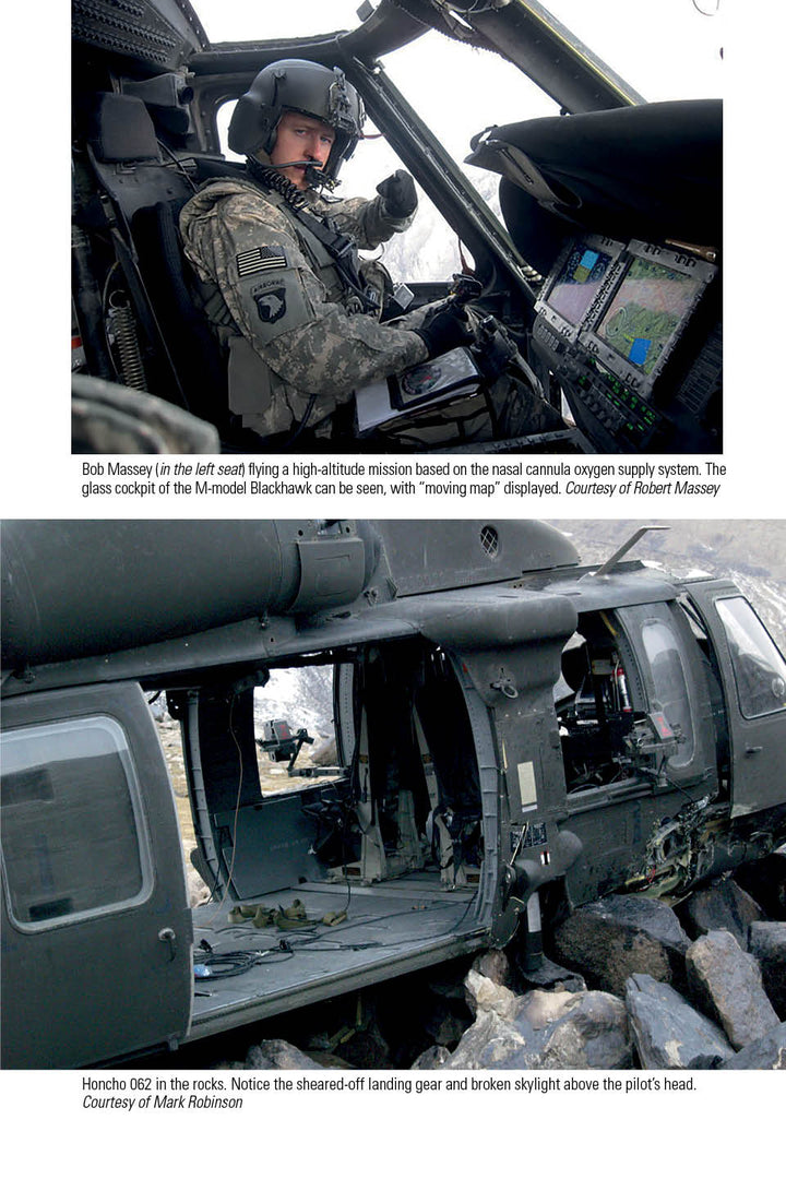 A US Army pilot sits in a Blackhawk cockpit, helmeted and wearing an oxygen cannula. Below, a damaged chopper—scenes from "War & Coffee," a helicopter pilot memoir from Schiffer Publishing, Ltd.