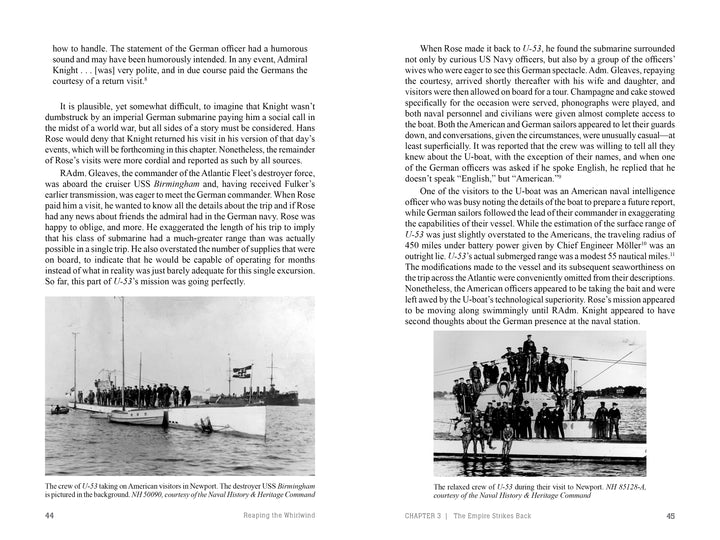 Two pages from "Reaping the Whirlwind" by Schiffer Publishing, Ltd. show text and two black-and-white photos labeled Newport, featuring submarine crews in uniform on deck during World War I off the North American coast.