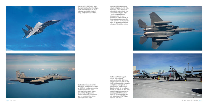 Four images of the F-15 Eagle from Schiffer Publishing, Ltd.: soaring in blue sky, banking over ocean, near clouds, and parked with crew on an airfield—accompanied by text appealing to aviation enthusiasts.