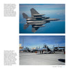 Top: Two F-15 Eagles soar in formation against a clear sky. Bottom: Multiple F-15 Eagles are parked on the tarmac with crew members at work—a must-see for aviation fans. Product by Schiffer Publishing, Ltd.