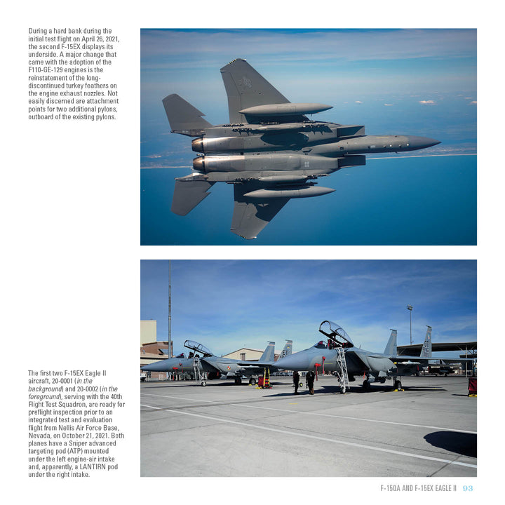 Top: Two F-15 Eagles soar in formation against a clear sky. Bottom: Multiple F-15 Eagles are parked on the tarmac with crew members at work—a must-see for aviation fans. Product by Schiffer Publishing, Ltd.