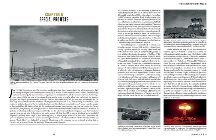 A two-page book spread in "Dreamland" by Schiffer Publishing, Ltd. shows black-and-white photos of nuclear tests, vehicles, and deserts near Groom Lake, with the chapter "Special Projects" and text on historical events and aviation technology.