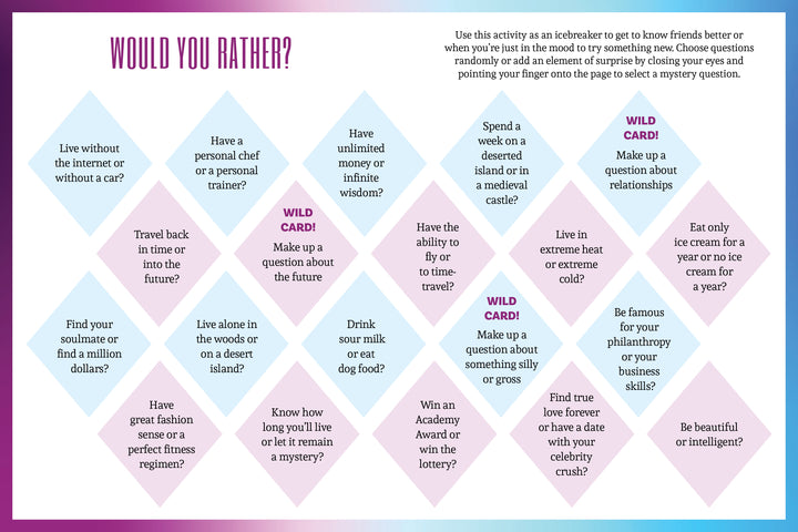 This or That - Game in a Book by Schiffer Publishing, Ltd. features 20 pastel diamond-shaped question boxes with wild cards and fun travel, food, and personal choice prompts. Instructions are located in the top right corner.