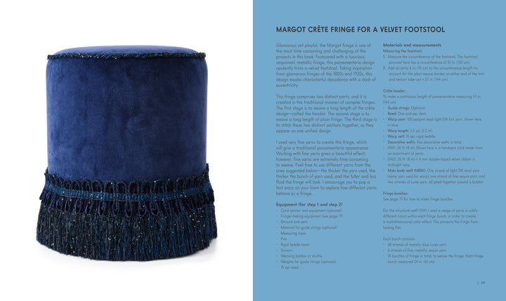 A round footstool in deep blue velvet with dark blue fringe trim is featured next to a page from Margot Crête Fringe for a Velvet Footstool, part of Passementerie by Schiffer Publishing, Ltd., offering textile craft instructions.