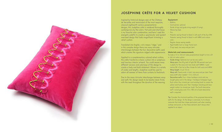 A bright pink velvet cushion with gold cord trim and handwoven Passementerie lies on a white surface. Next to it, Schiffer Publishing, Ltd. details how to make the cushion, listing materials, equipment, and instructions on a yellow background.